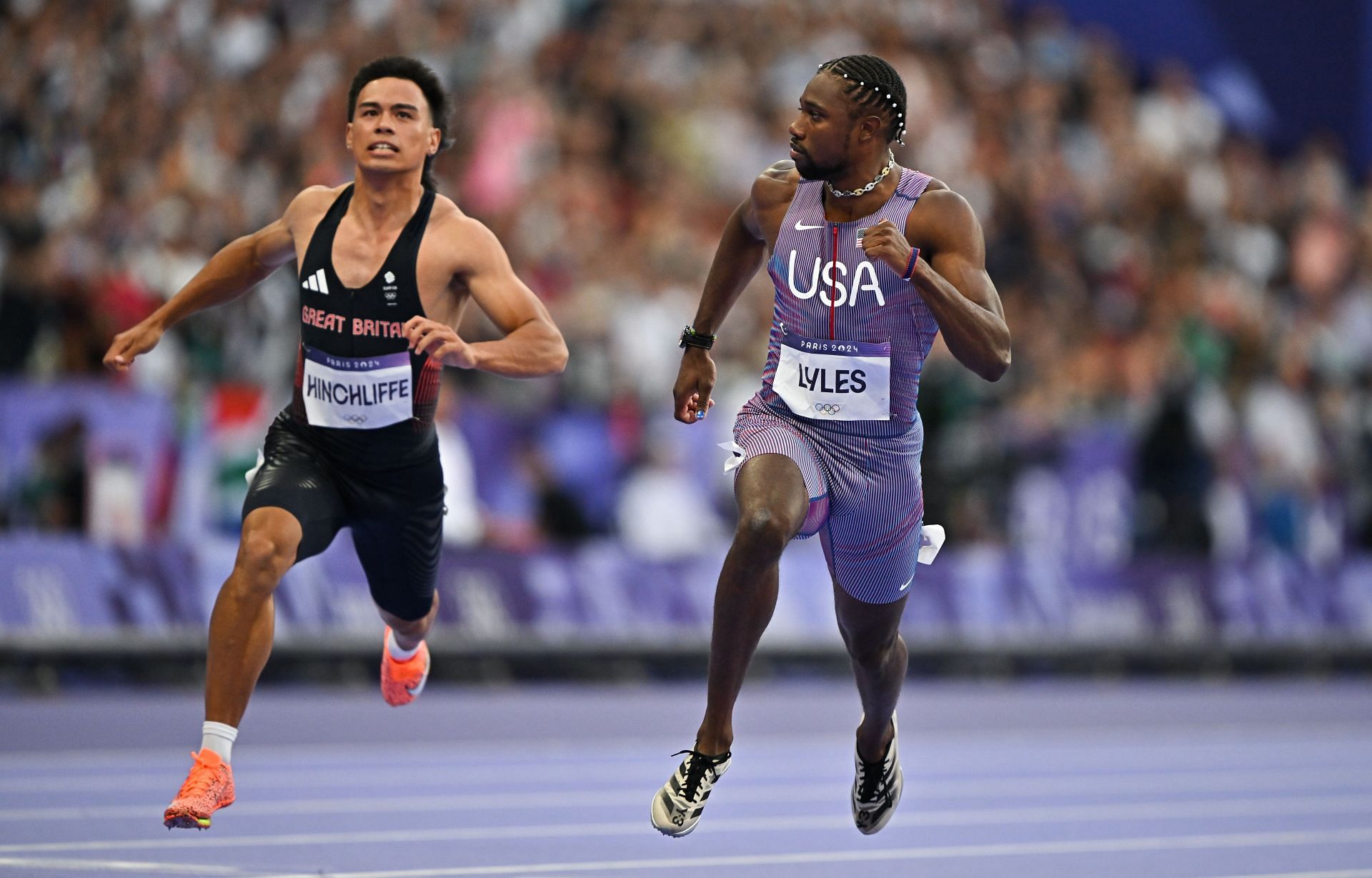 Noah Lyles and Louie Hinchliffe at Paris Olympics. (Photo via Getty Images)