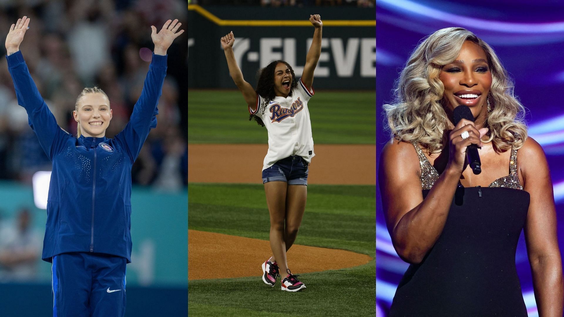 Jade Carey, Hezly Rivera, and others react to meeting tennis legend Serena Williams with their Gold Over America Tour teammates (Images: All via Getty)