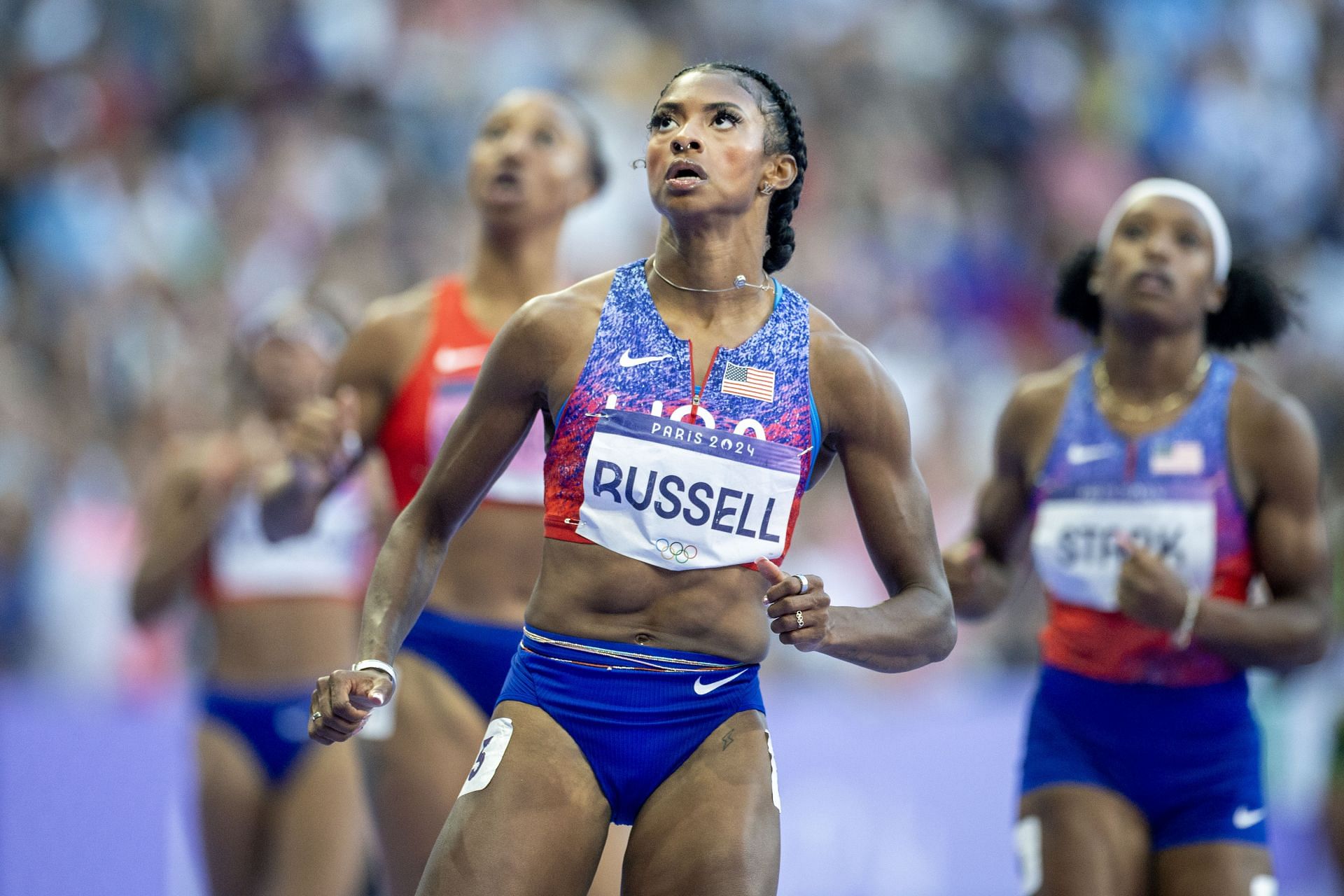 Masai Russell reacts to the gold medal win at the Olympic Games-Paris 2024 - Source: Getty