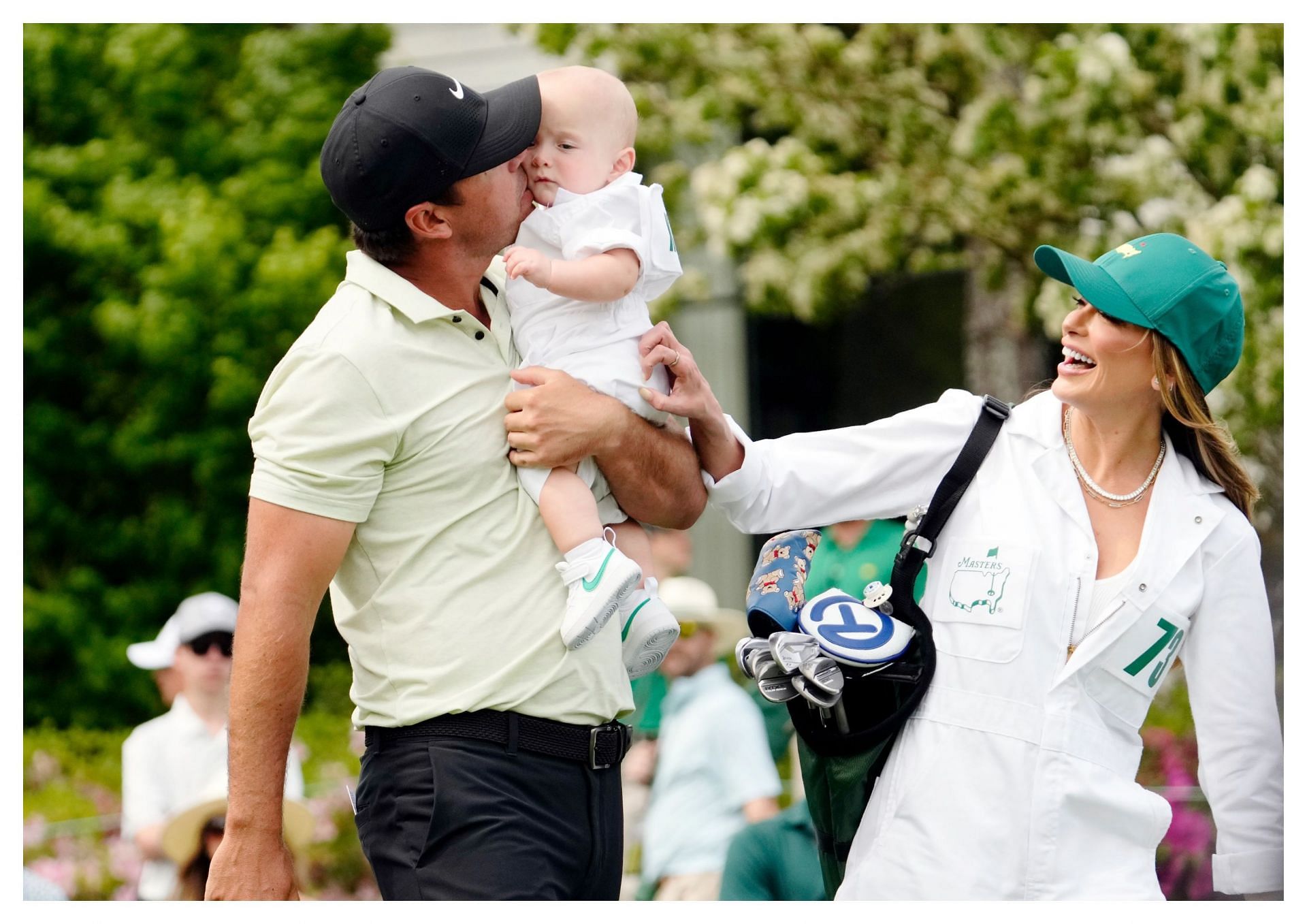 Brooks Koepka with his wife Jena and son Crew at the Masters Tournament, Par 3 Contest (Image via Imagn)