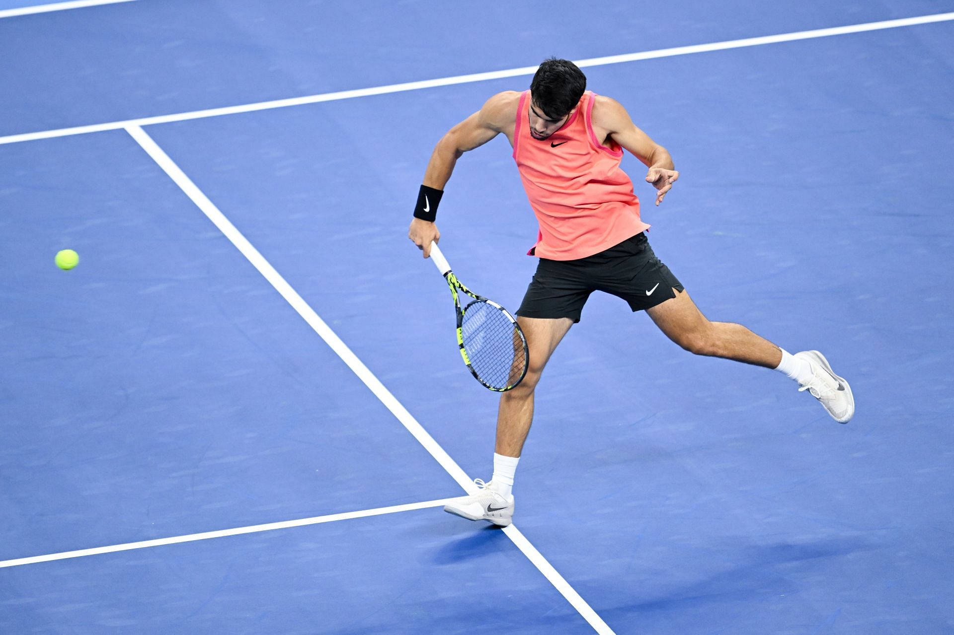 Carlos Alcaraz plays a volley in the 2024 China Open - Day 10 - Source: Getty