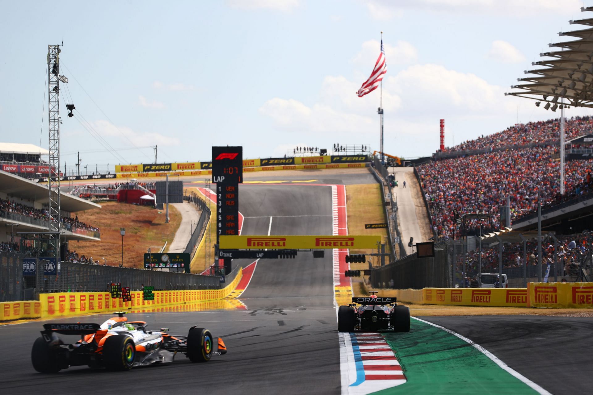 Max Verstappen of the Netherlands driving the (1) Oracle Red Bull Racing RB20 leads Lando Norris of Great Britain driving the (4) McLaren MCL38 Mercedes during the Sprint. Source: Getty Images