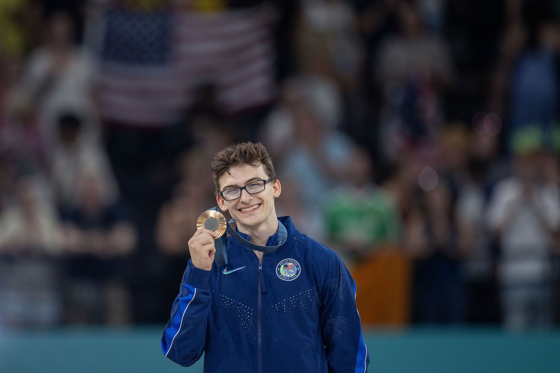 Stephen Nedoroscik of the United States with his bronze medal on the podium after the Artistic Gymnastics, Men&#039;s Pommel Horse Final at the Bercy Arena during the 2024 Summer Olympic Games in Paris, France. (Image Source: Getty) 