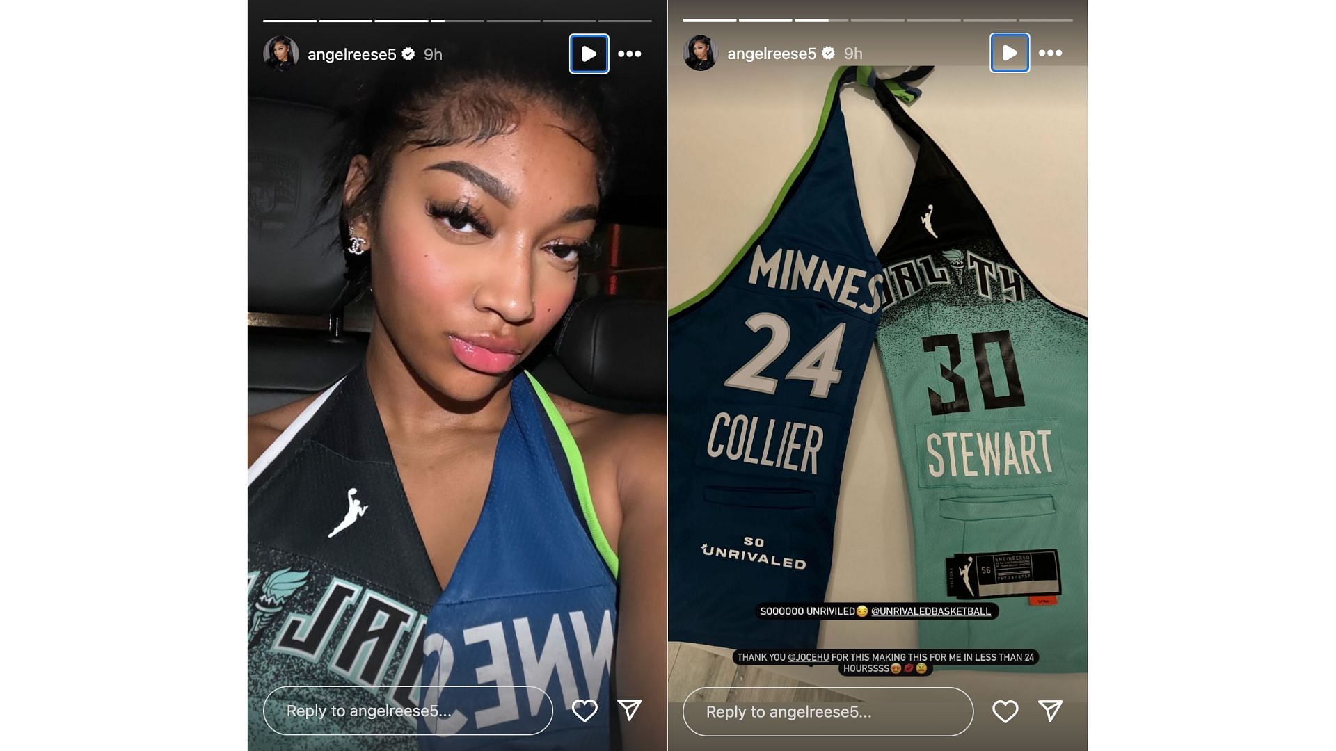 A. Reese shares photos of her wearing half Breanna Stewart-half Napheesa Collier outfit. Photo Credit: Angel Reese&#039;s IG account