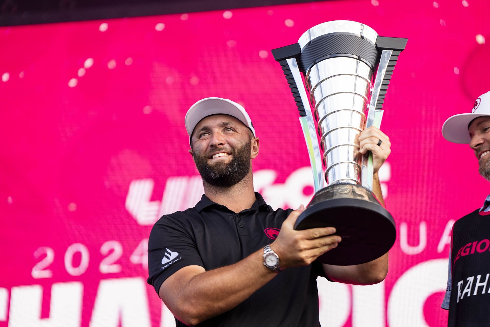 Jon Rahm of the Legion XIII celebrates with the trophy for winning the individual championship title in Bolingbrook, Illinois. (Photo by Ben Hsu/Icon Sportswire via Getty Images)