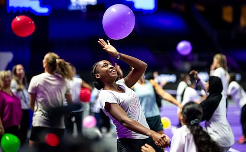 Coco Gauff of the United States during a kids clinic ahead of the WTA Finals Riyadh as part of the Hologic WTA Tour 2024 at King Saud University Indoor Arena on October 30, 2024, in Riyadh, Saudi Arabia (Photo by Robert Prange / Getty Images)