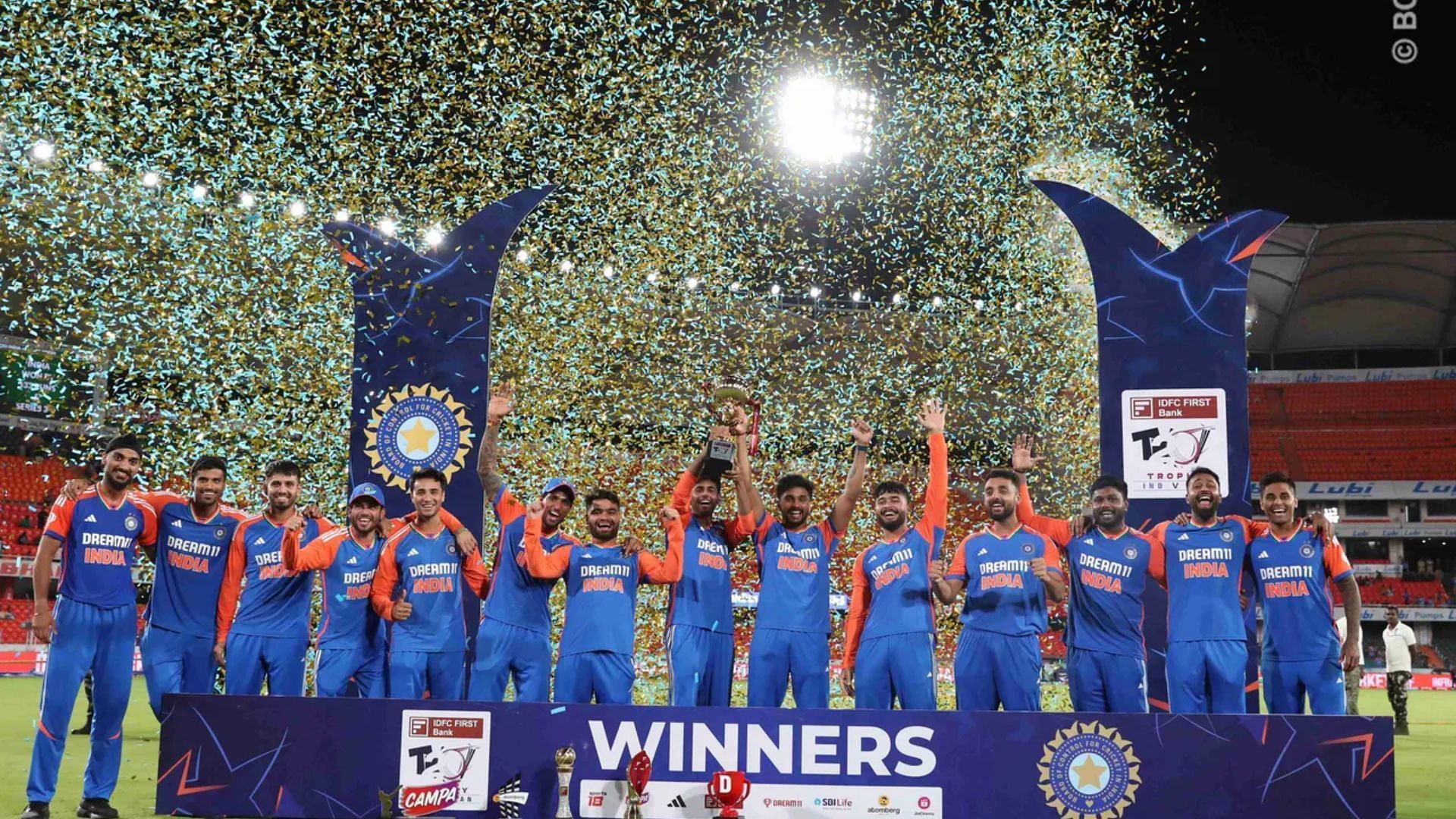 Team India celebrating after the series win (Image credits: BCCI)