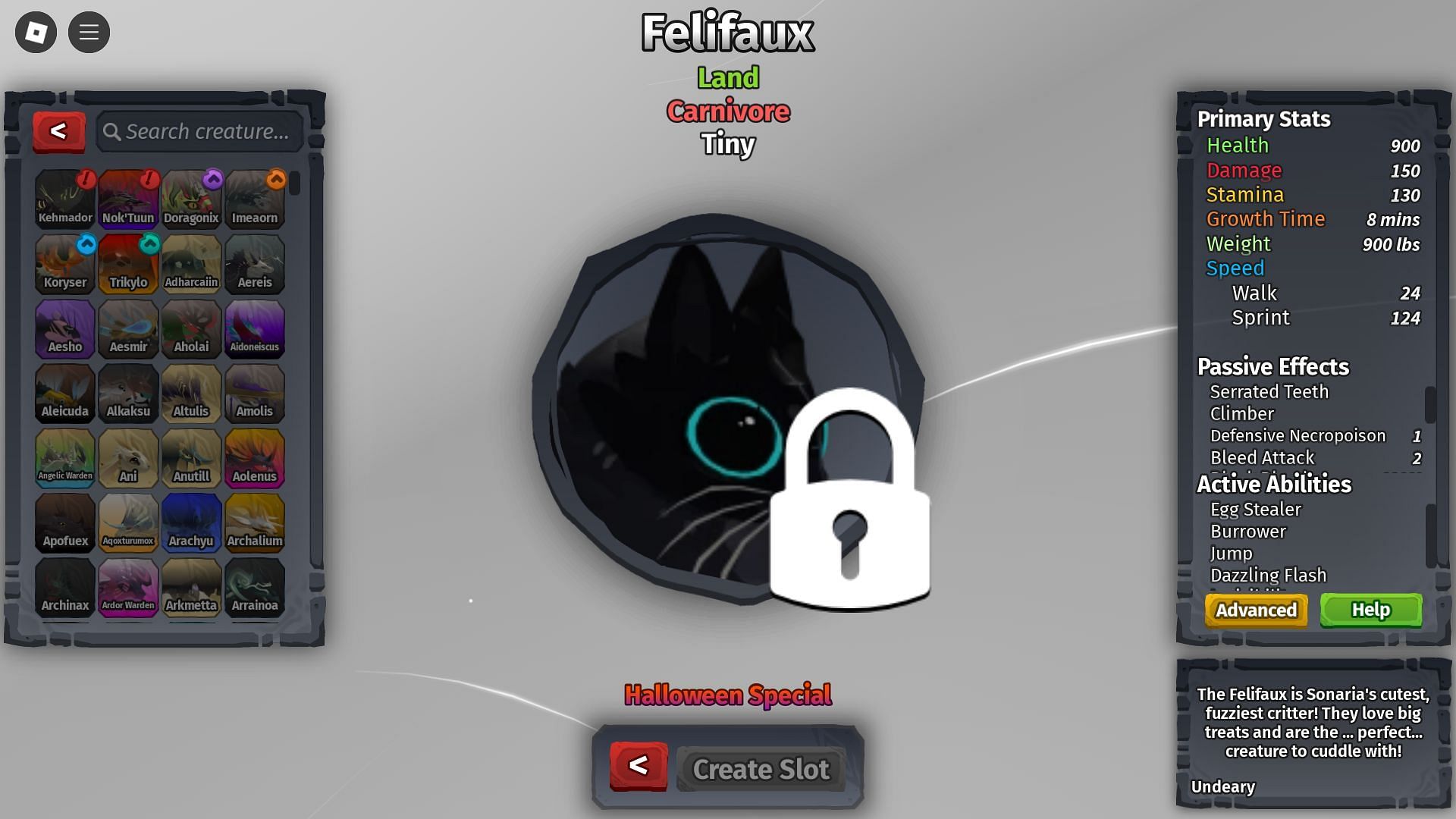 In-game description of Felifaux (Image via Roblox)