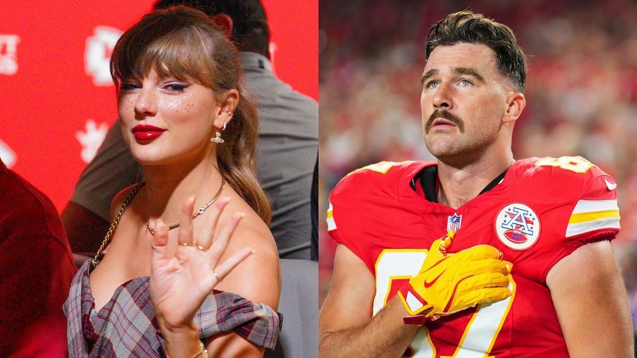 How did Taylor Swift react to Travis Kelce, Chiefs defeating Saints? - via Imagn and Getty (left to right))