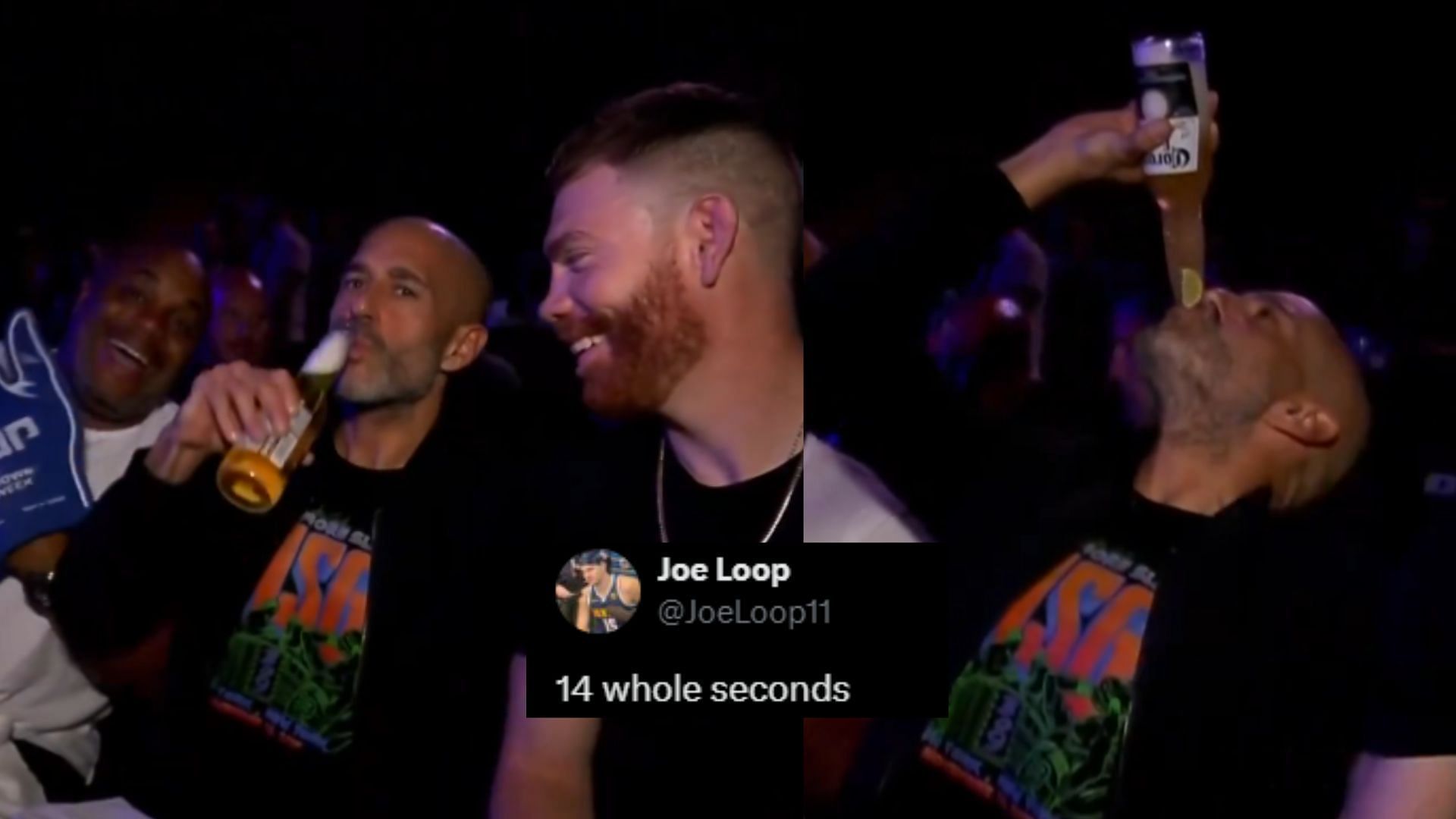 Fans react to Jon Anike (center) chugging a beer whilst being cheered on by Daniel Cormier and Paul Felder [Images courtesy of @powerslap on X]