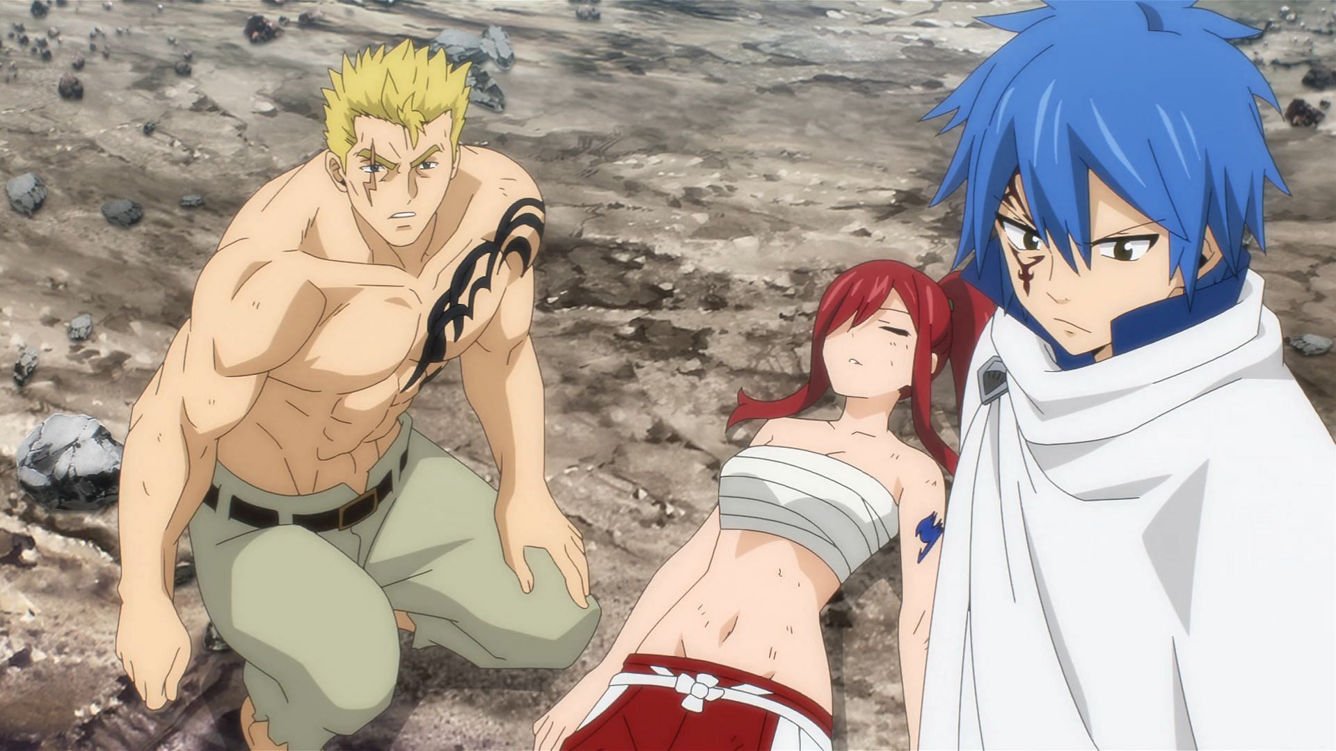 Laxus, Erza, and Jellal as shown in the Fairy Tail 100 Years Quest anime (Image via J.C. Staff)