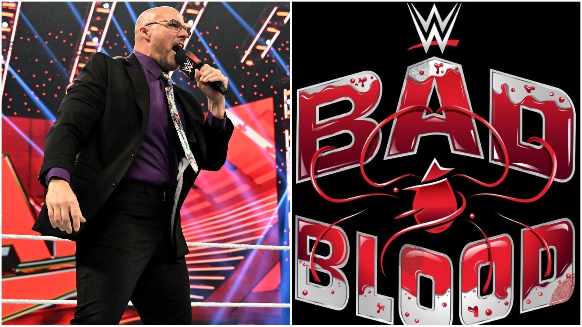 Adam Pearce and the WWE Bad Blood logo