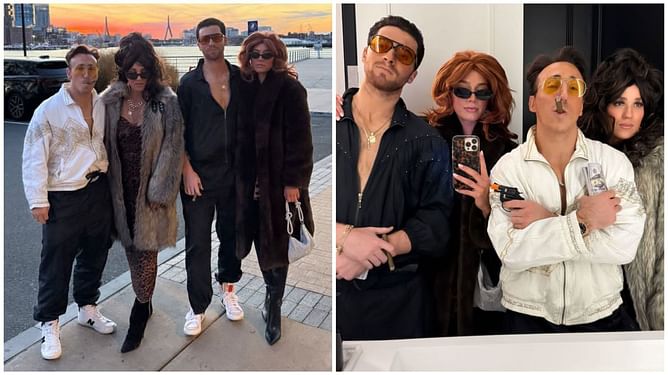 In Photos: Bruins' Jeremy Swayman & Brad Marchand don Italian mafia getup for Halloween alongside partners Alessandra & Katrina