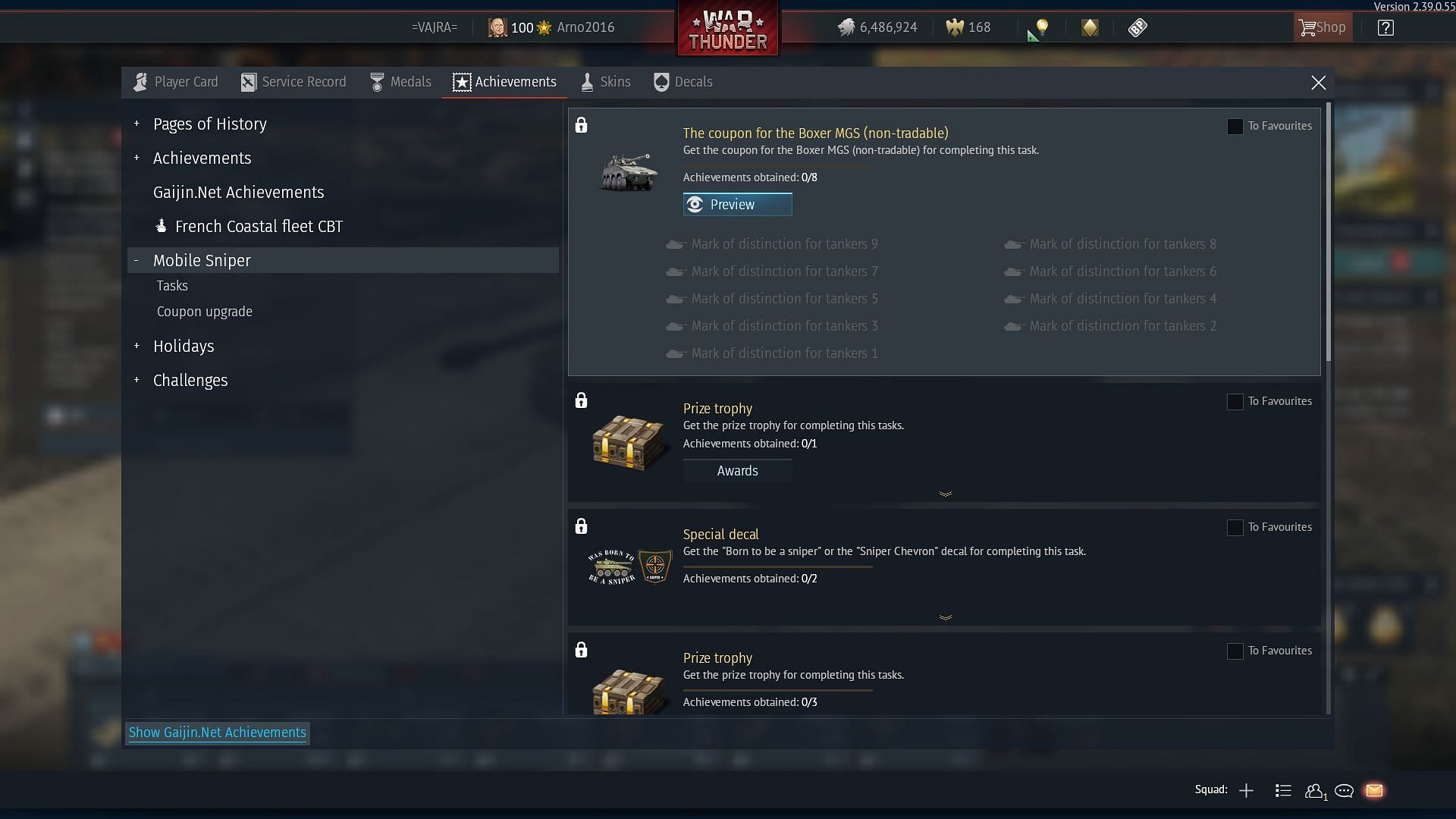 The Achievements tab in the game is where you can check your progress for this event (Image via Gaijin Entertainment)