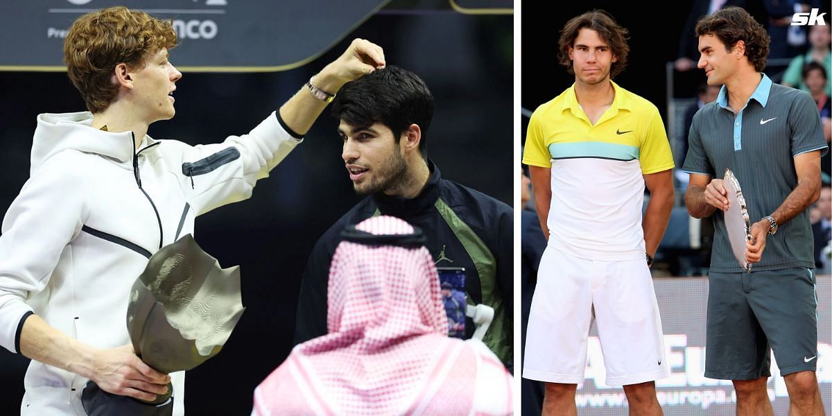 Jannik Sinner and Carlos Alcaraz (L); Rafael Nadal and Roger Federer (R) (Image Source: Getty)