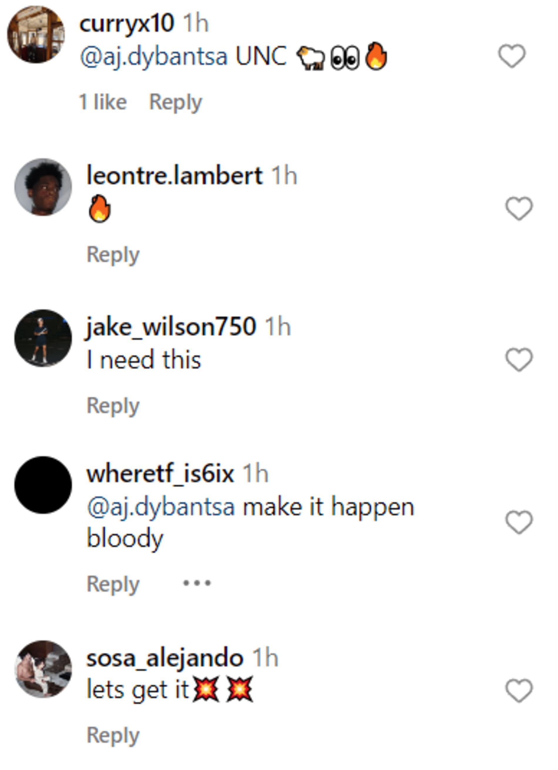 Fans reacting to AJ Dybantsa possibly going to UNC (Source: Instagram/br_hoops)