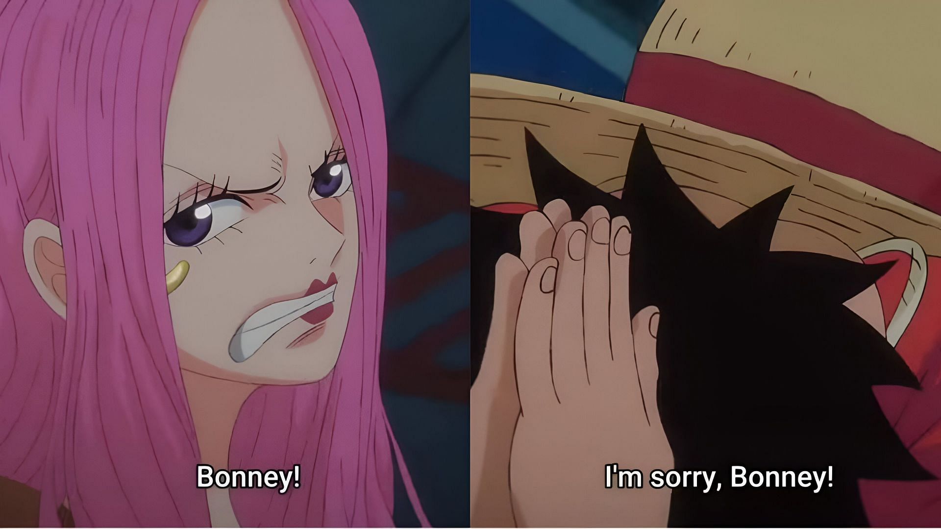 Luffy correcting himself after Bonney&#039;s anger (Image via Toei Animation)