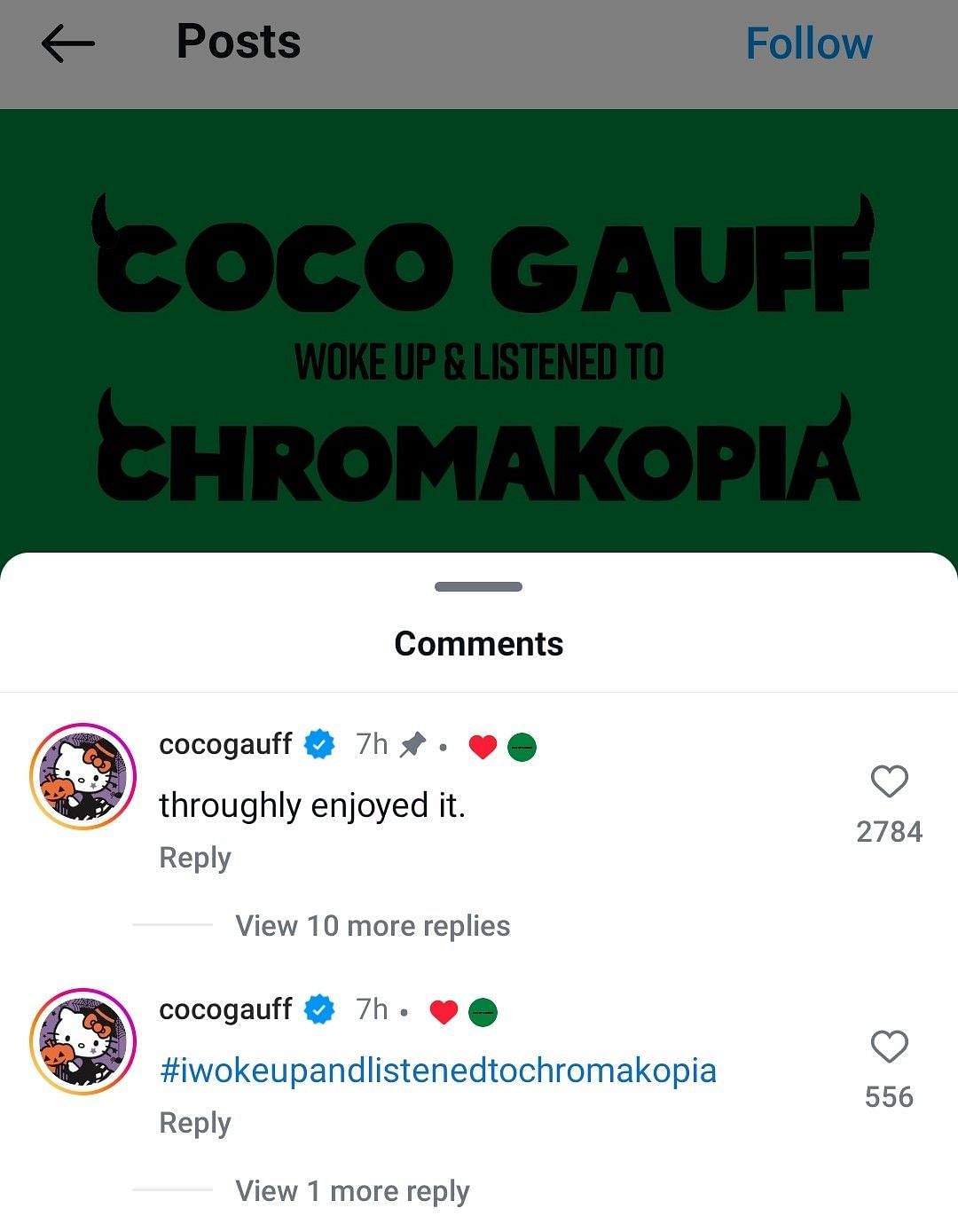 Gauff&#039;s comments on Instagram in response to Chromakopia&#039;s post (Source: Instagram/Chromakopia)