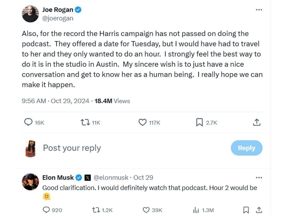 Elon Musk responds to Rogan&#039;s tweet (Image via X/ @joerogan)