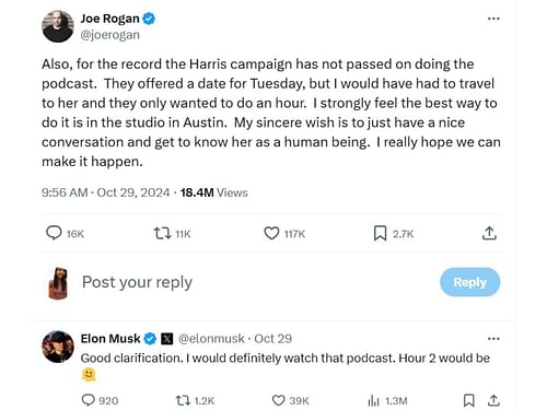 Elon Musk responds to Rogan's tweet (Image via X/ @joerogan)