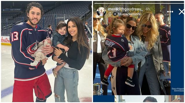 Meredith Gaudreau arrives at Nationwide Arena with daughter Noa and son Johnny