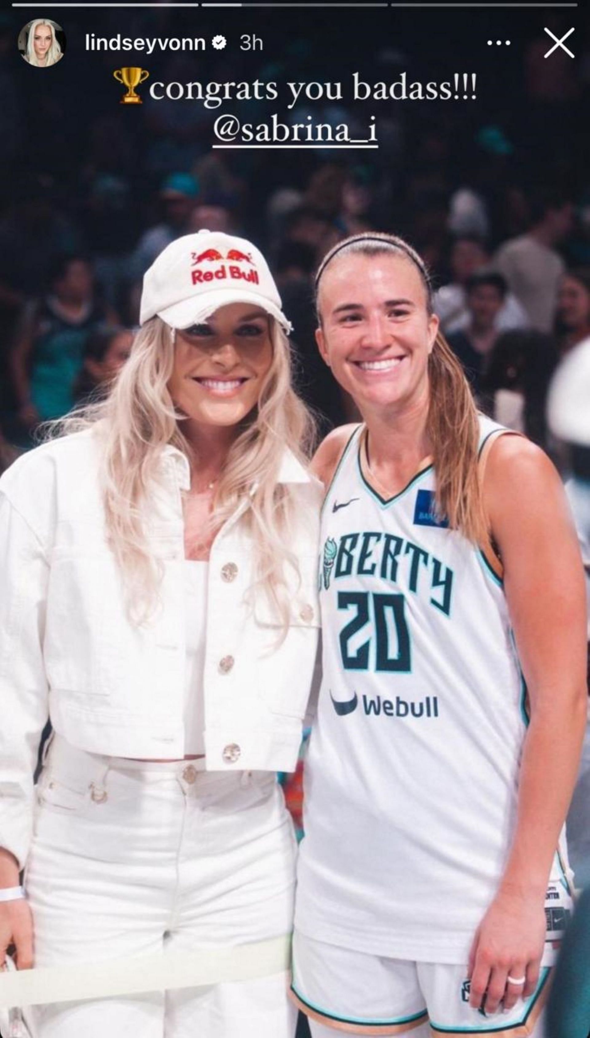 Lindsey Vonn shares frame with Sabrina Ionescu; Instagram - @lindseyvonn