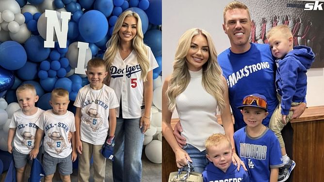 "Charlie wearing his own shirt is iconic" - Fans cheer as Freddie Freeman's wife Chelsea arrives for NLDS Game 2 with sons sporting Dodgers blue