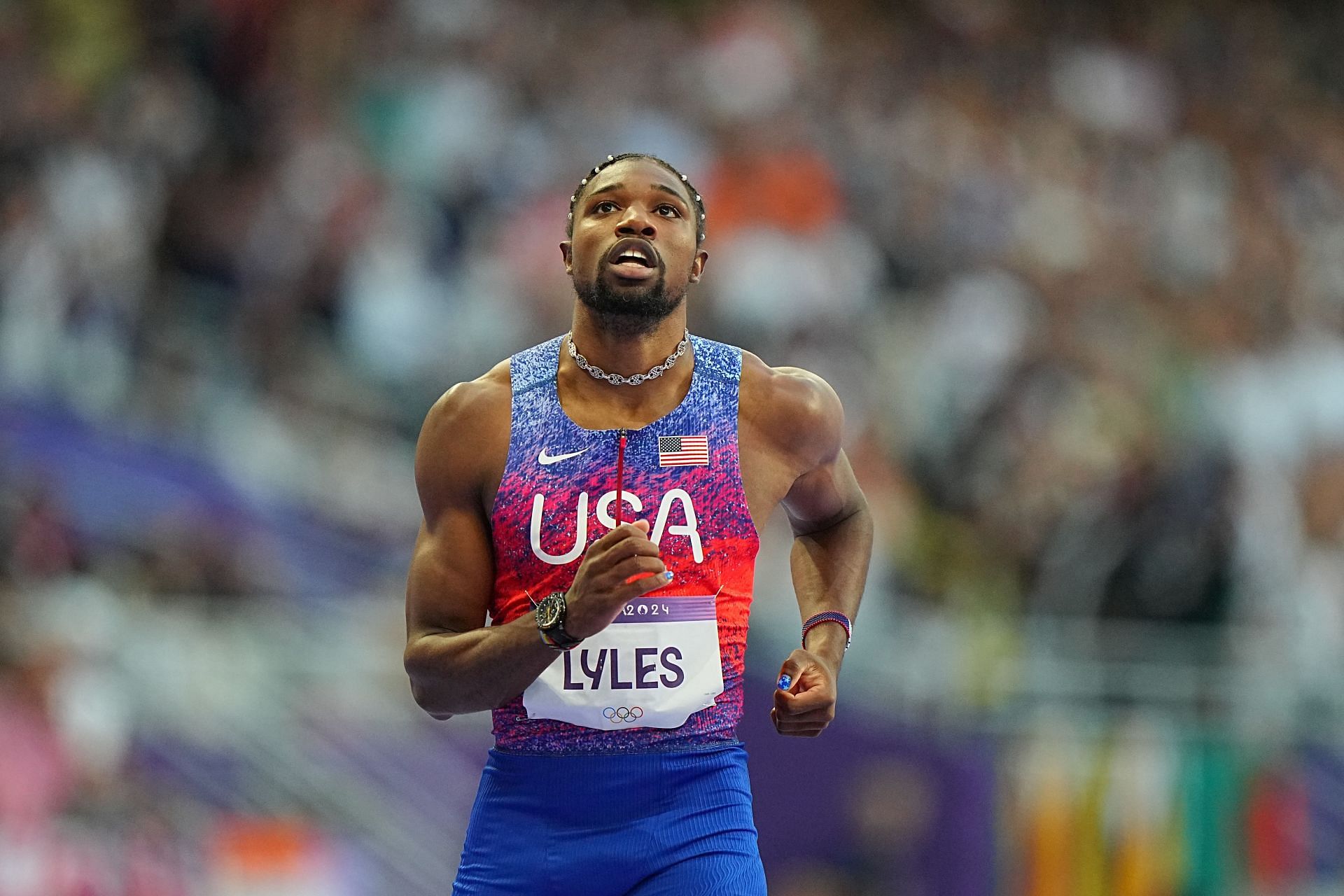 Noah Lyles during the Men&#039;s 200m event finals at the Stade de France (Image via: Getty Images)