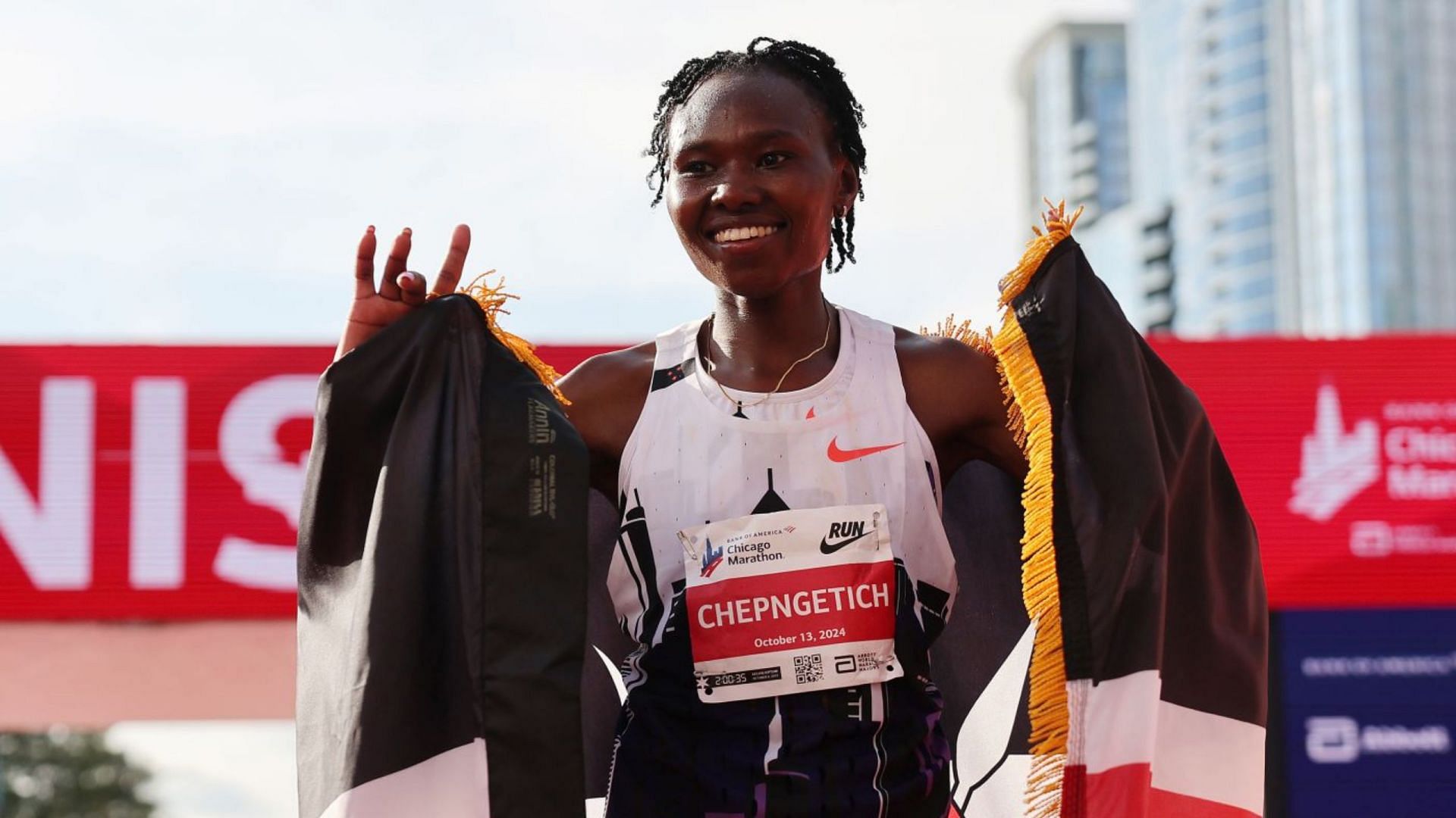 Ruth Chepngetich reacts after winning the Chicago Marathon 2024 [Image Source : Getty]