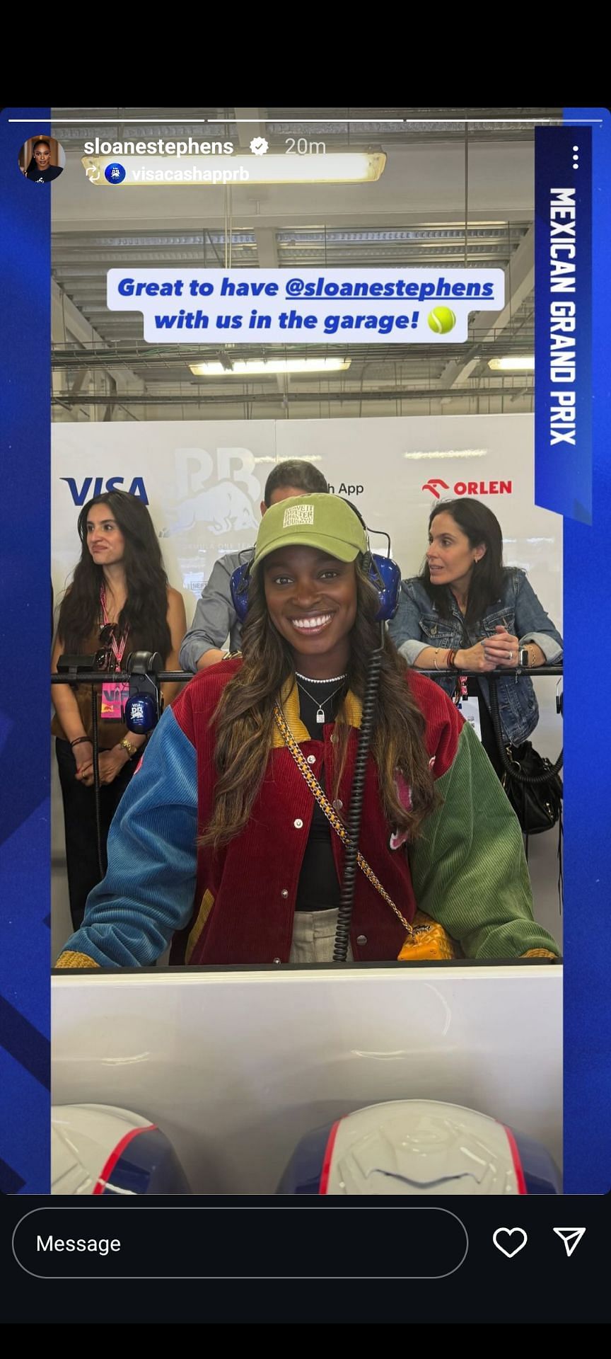 Stephens in the RB garage at the Mexico City Grand Prix (Source: Instagram/Sloane Stephens)