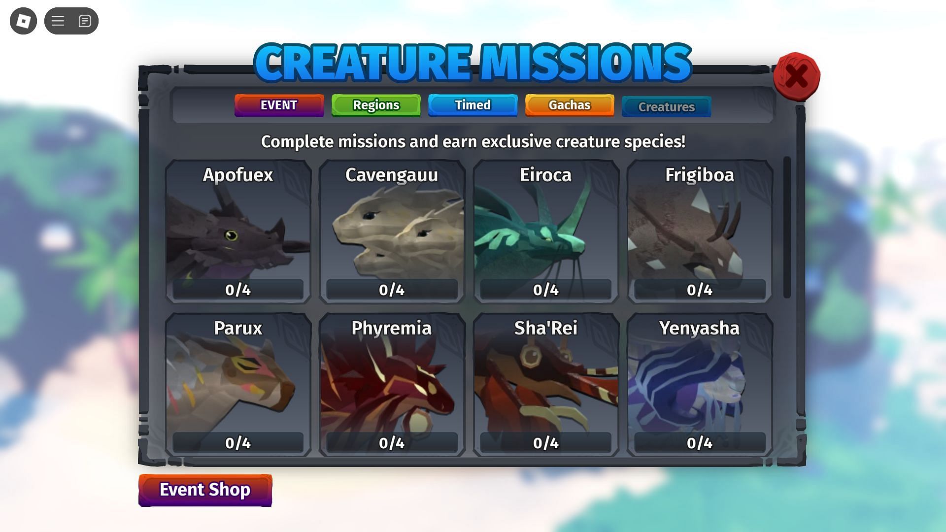 Creature Missions menu (Image via Roblox)