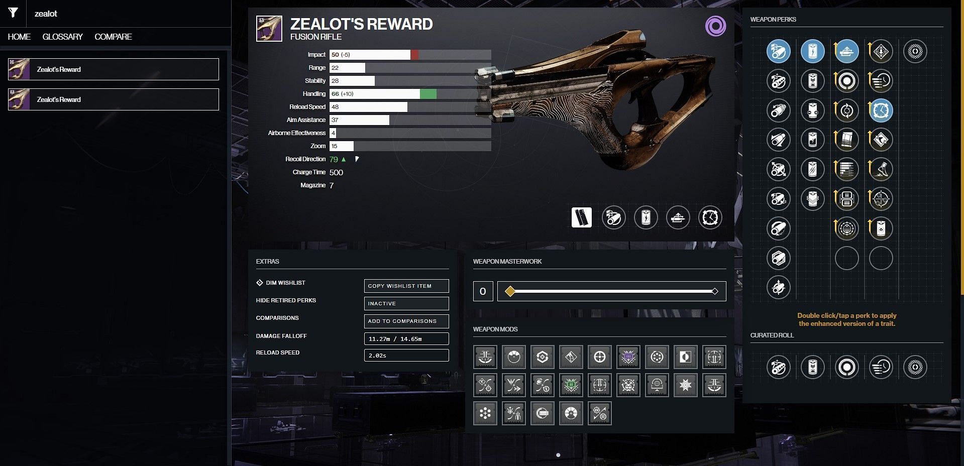 Zealot&#039;s Reward PvE god roll (Image via Bungie/D2Gunsmith)