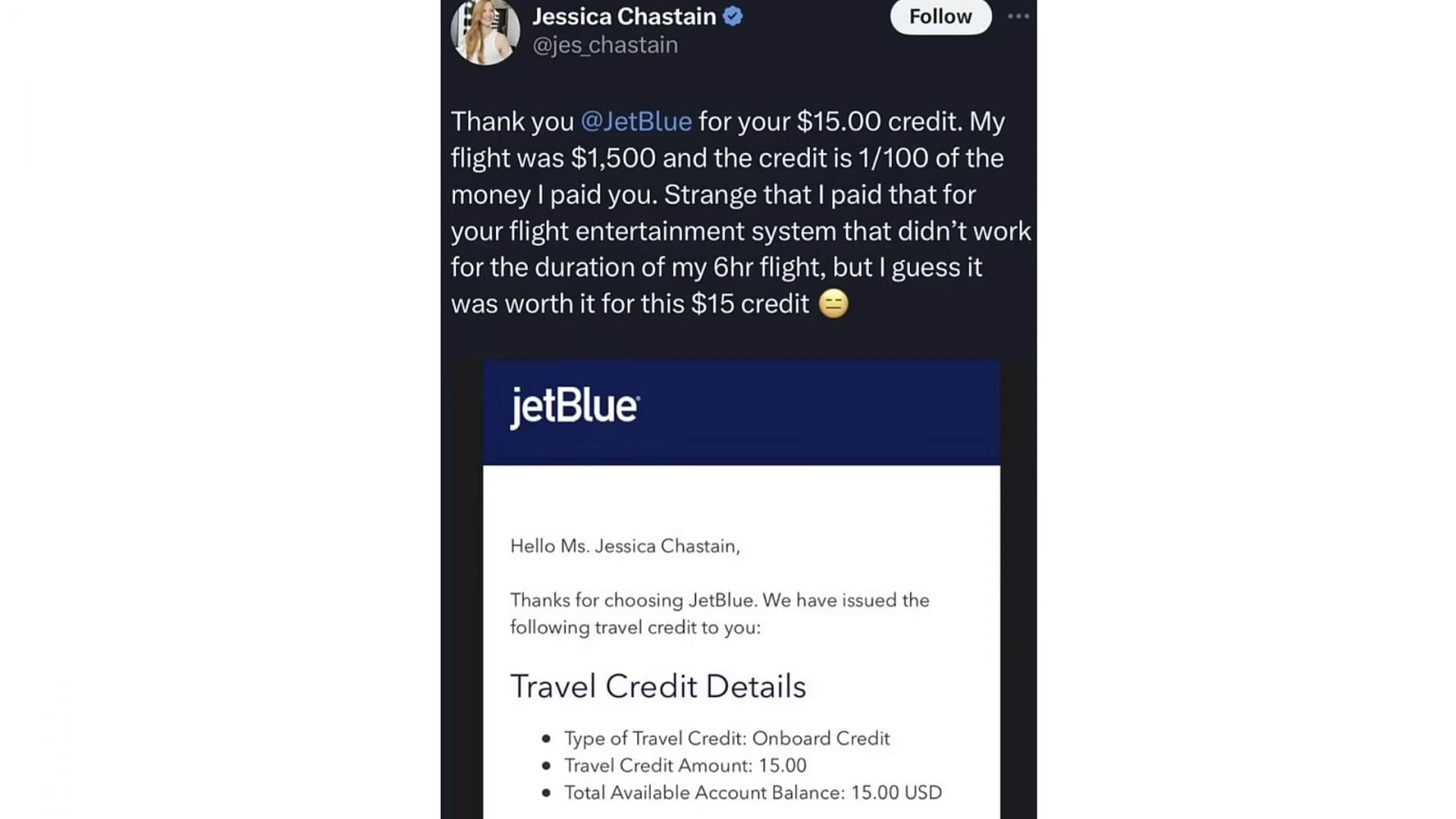 Jessica Chastain&#039;s now-deleted tweet about JetBlue&#039;s experience (Image via X/@jes_chastain)