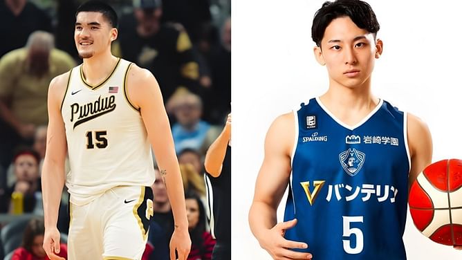 7'4 Zach Edey recreates iconic Manute Bol-Muggsy Bogues photo with 5'8 Yuki Kawamura