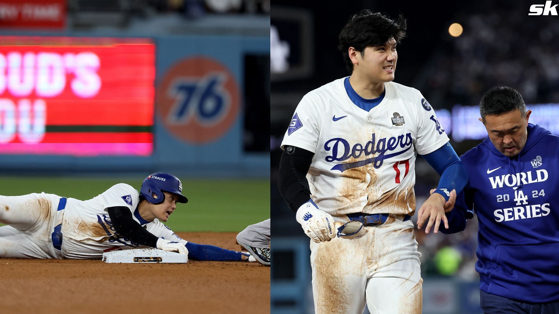 Los Angeles Dodgers designated hitter Shohei Ohtani is led off the field after being injured in Game 2 of the World Series against the Yankees (Source: Getty)