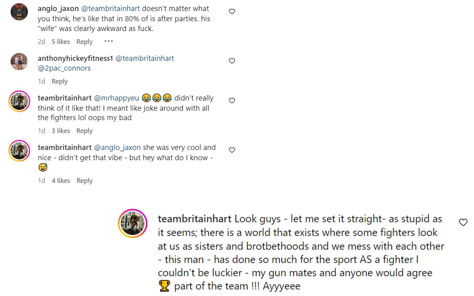 Screenshots of Hart's comments