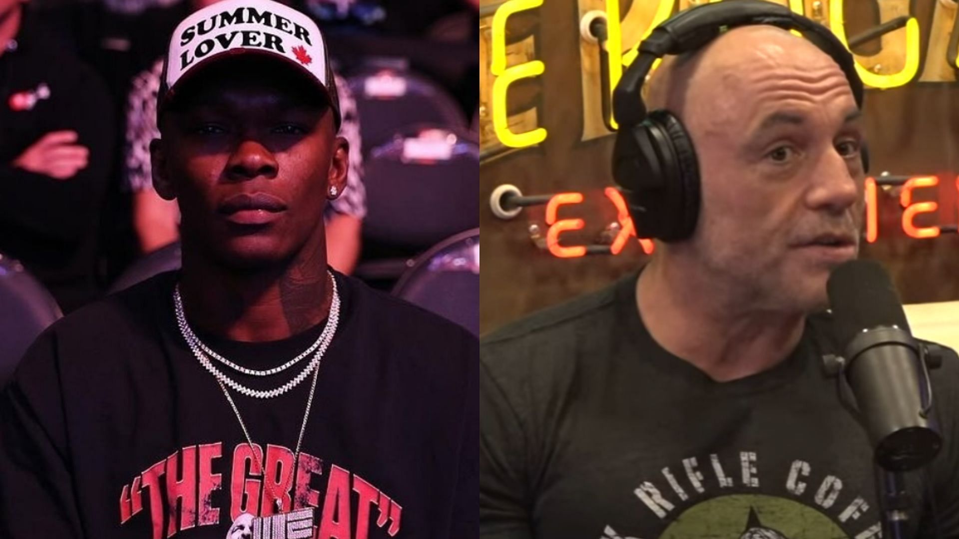 Israel Adesanya (left) hits back at haters whilst chatting with Joe Rogan (right) [Images courtesy of @stylebender on Instagram &amp; Powerful JRE on YouTube]