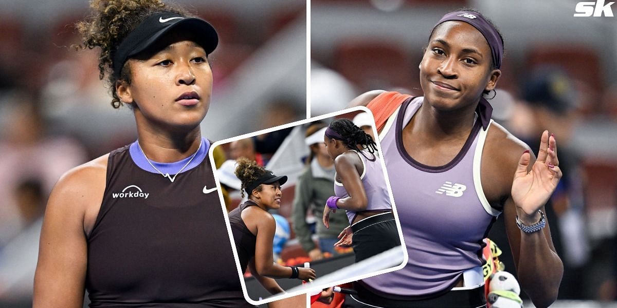 Coco Gauff helps Naomi Osaka carry her things off the court (Source: Getty)