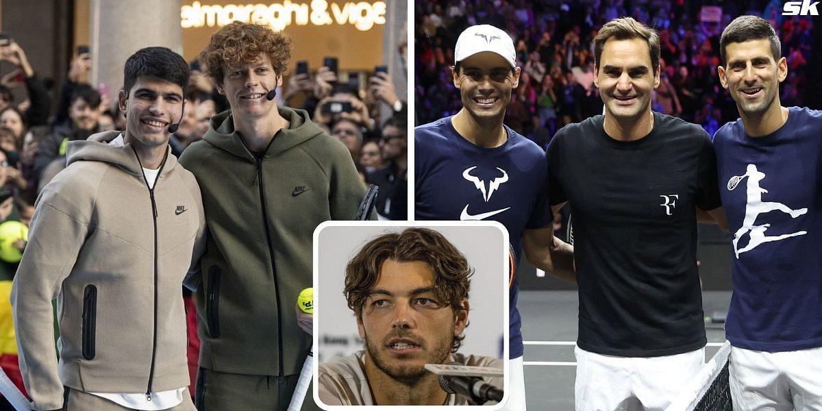 Jannik Sinner and Carlos Alcaraz (L); Rafael Nadal, Roger Federer and Novak Djokovic (R); Taylor Fritz (inset) - Image Source: Getty