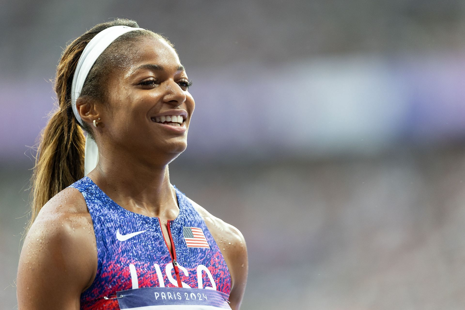 Gabby Thomas of the USA after winning the women&#039;s 4x100m relay at the Olympic Games in the Stade de France, Paris, France. (Photo Getty Images)