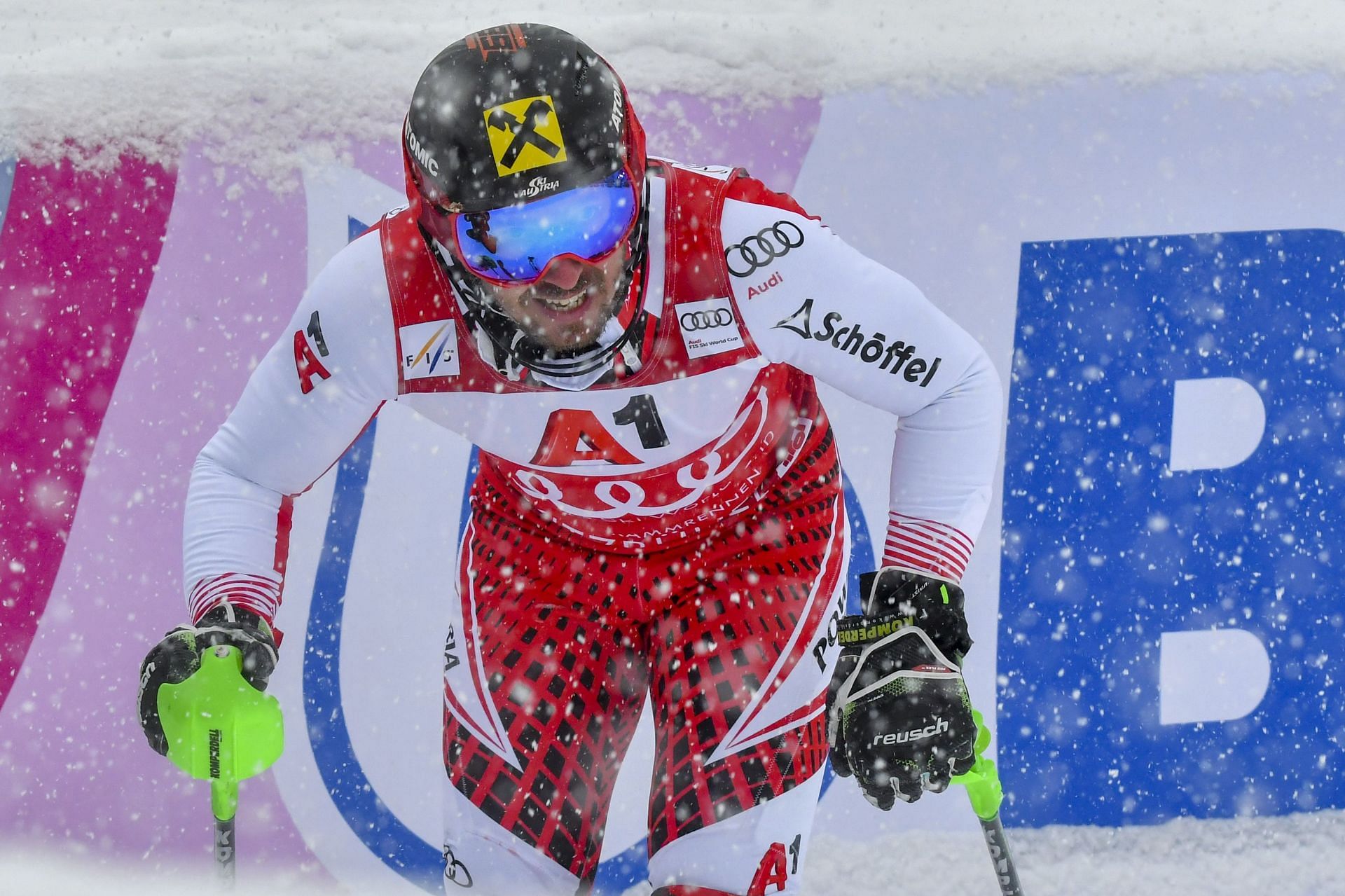 Hirscher during a slalom event at the 2019 Audi FIS Alpine Ski World Cup (Image via: Getty Images)