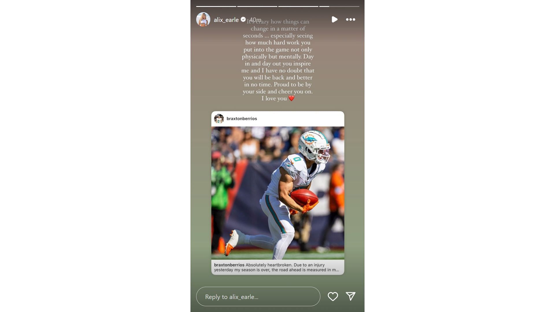 Braxton Berrios&#039; girlfriend Alix Earle reacts after Miami Dolphins WR&#039;s season-ending ACL injury [Image credit: @alix_earle IG]