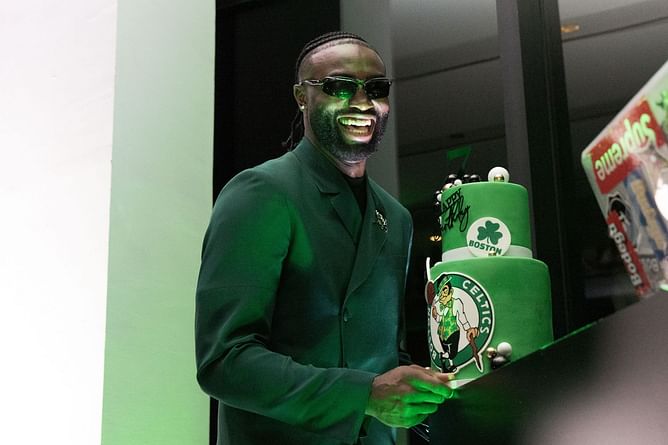 In Photos: Jaylen Brown turns heads in $6144 Celtics championship jacket on Celtics' 18th ring ceremony ahead of Knicks matchup