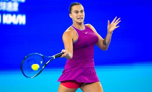 Aryna Sabalenka plays a forehand in the 2024 Wuhan Open - Day 8 (Image via Getty)