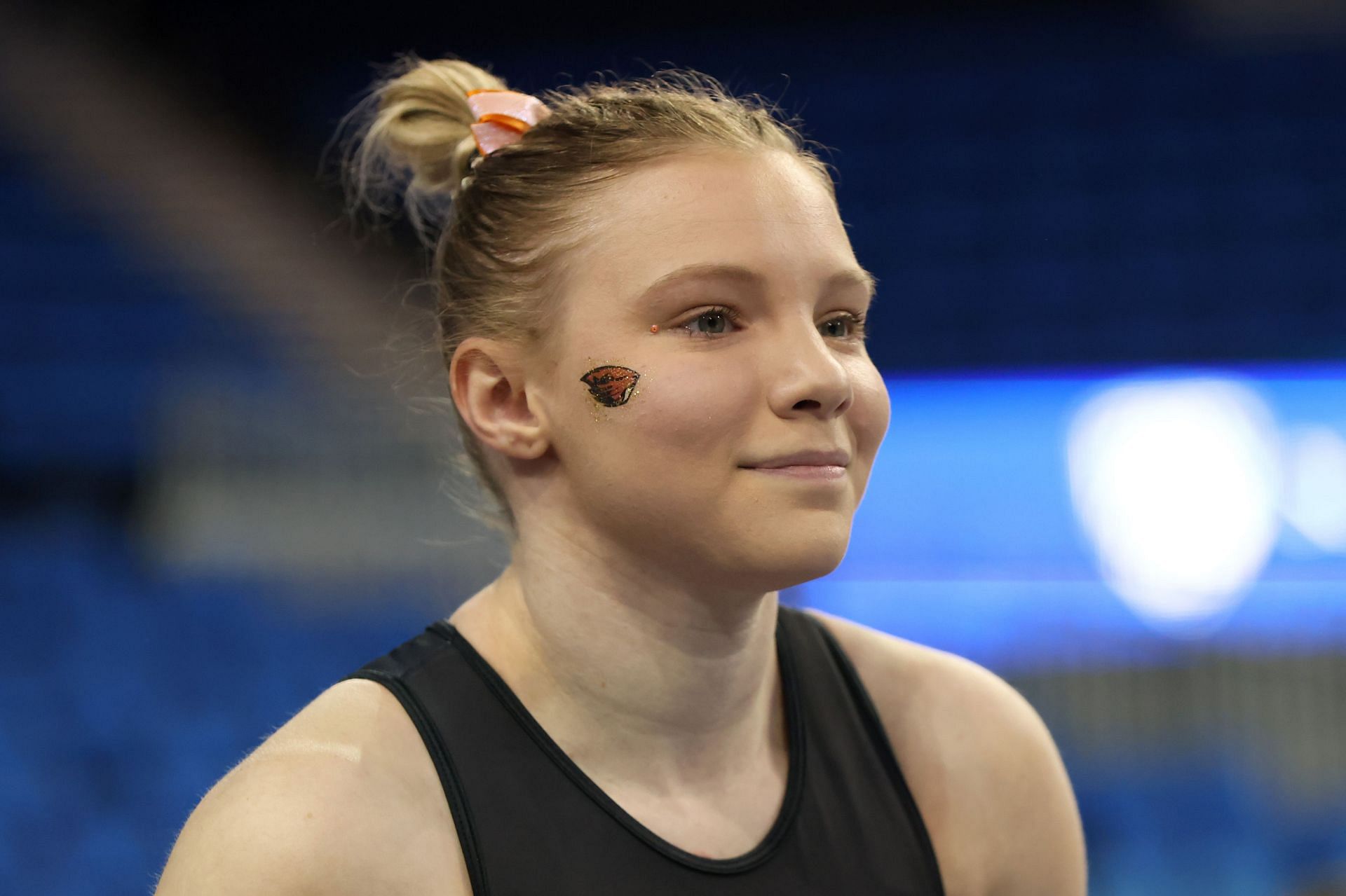 Jade Carey smiling after her routine at the match-up of Oregon State v UCLA - Source: Getty