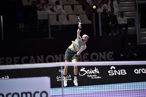 Jannik Sinner in action on Day 1 of the Six Kings Slam exhibition event (Picture: Getty)