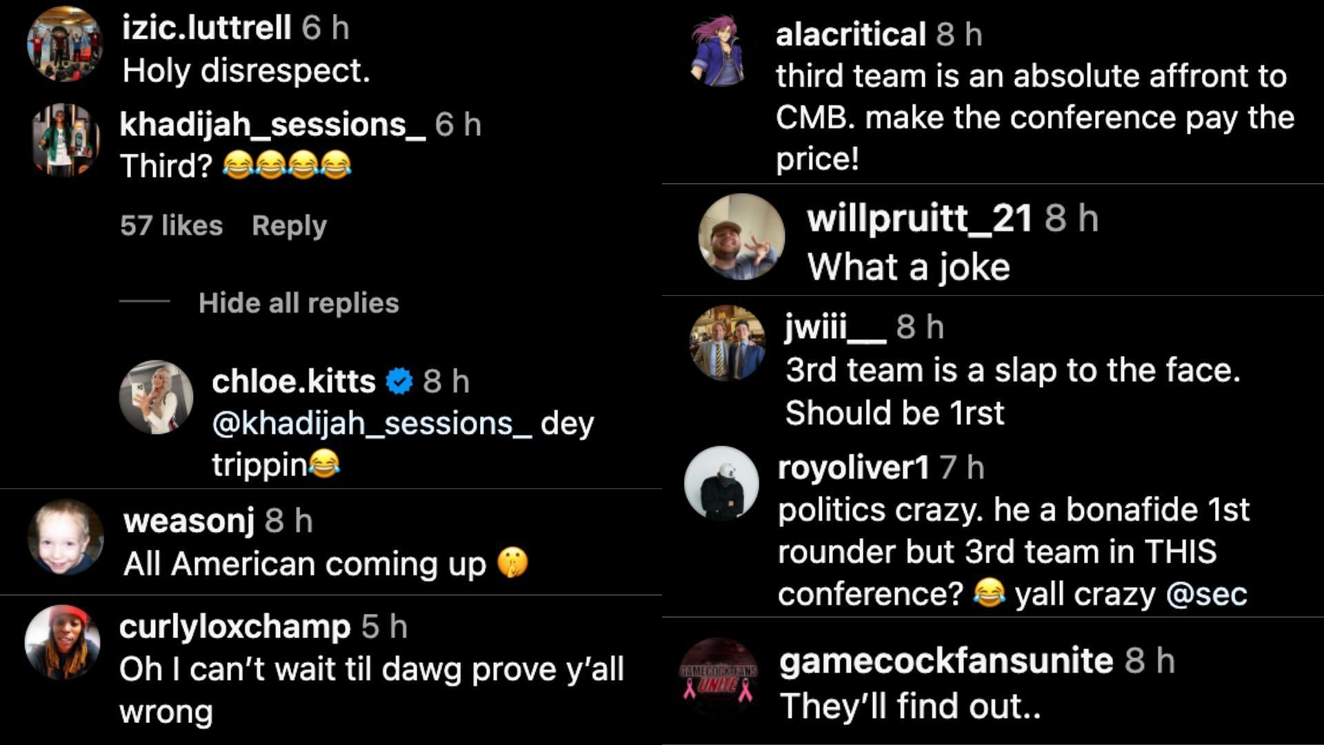 Fan reactions to Boyles&#039; selection (Credit: Instagram/@gamecockmbb)