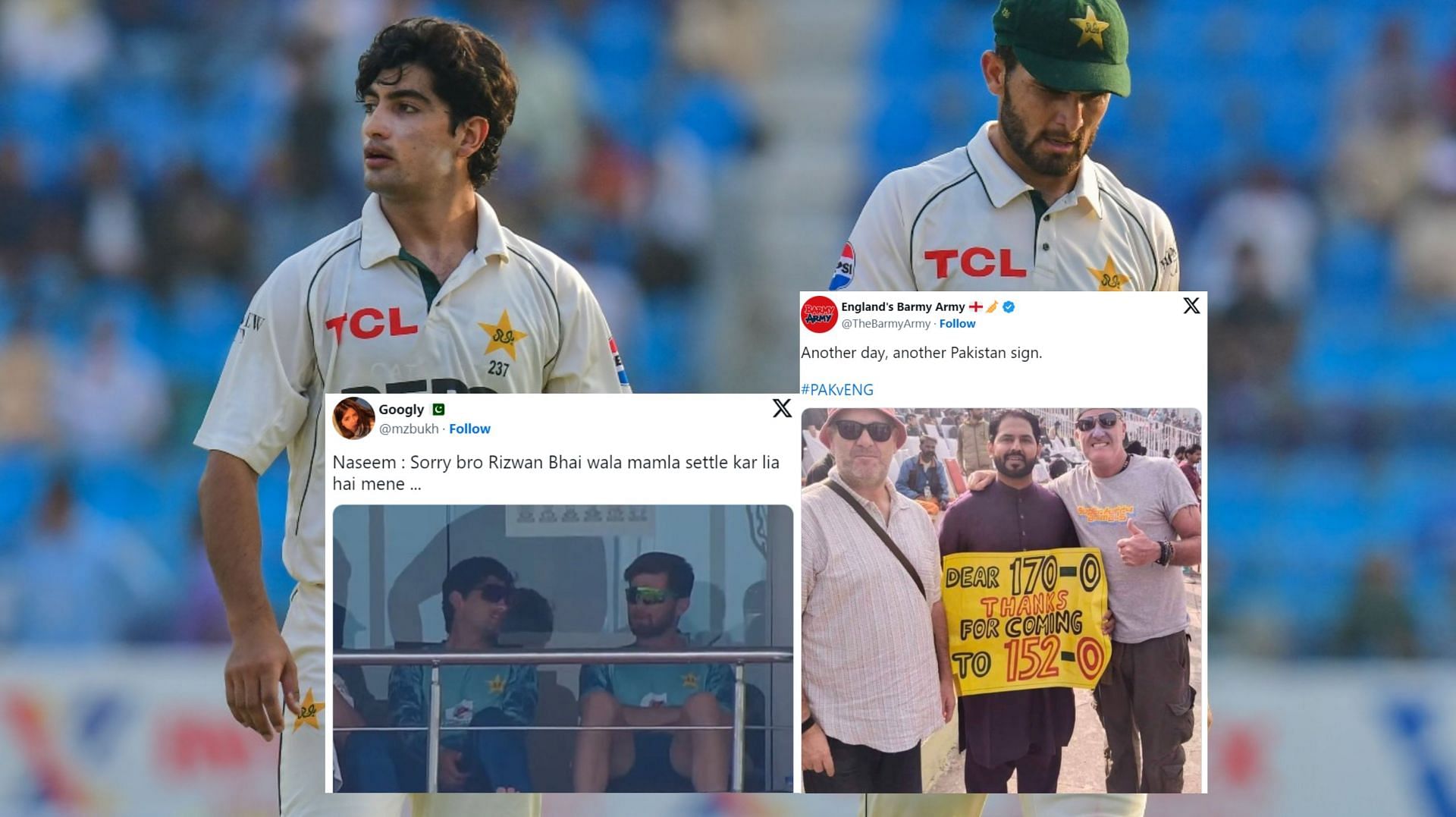 Fans react to Day 2 of ENG vs PAK 1st Test. (Image:@TheRealPCB, @mzbukh, @TheBarmyArmy)