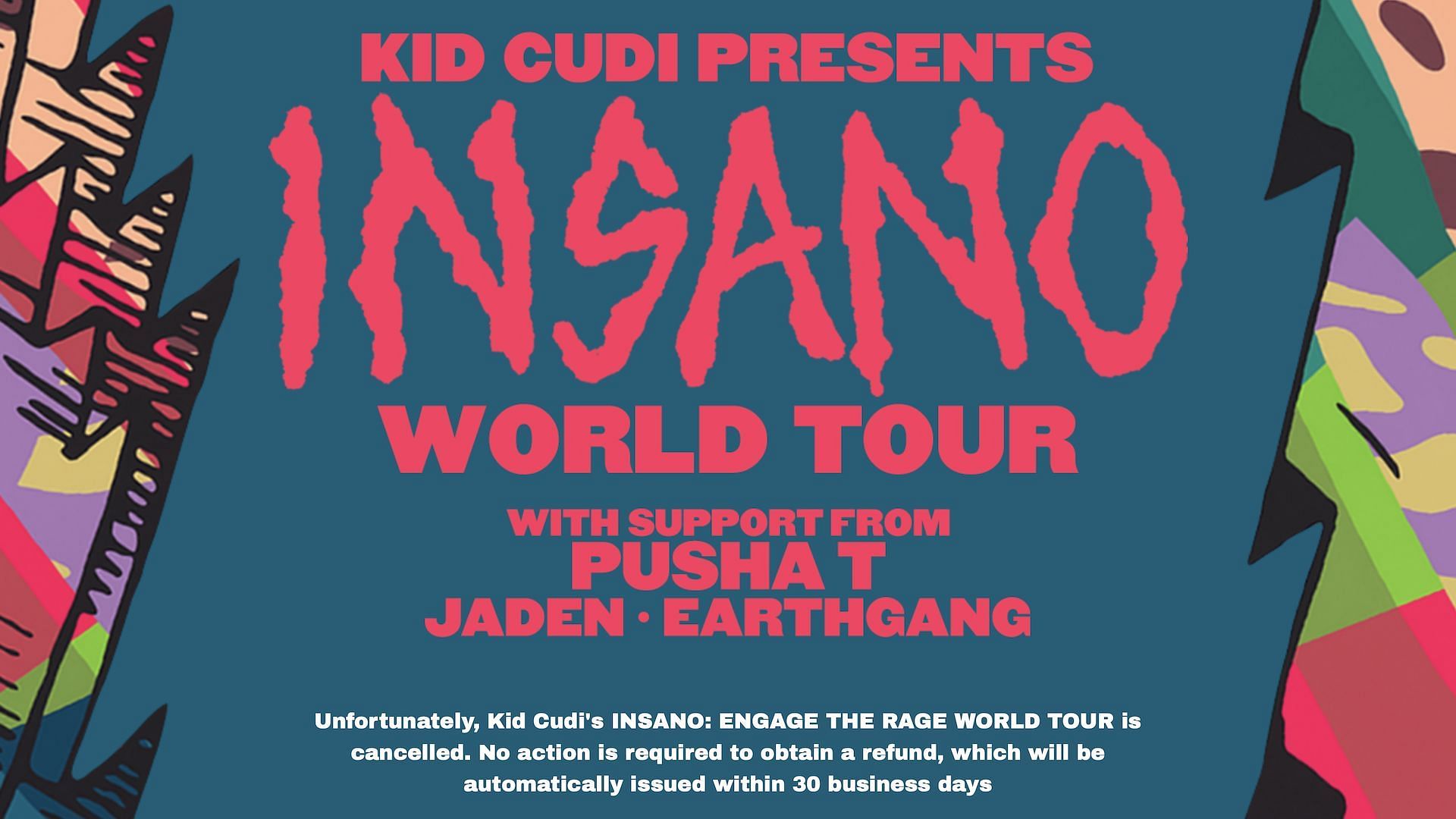 A screenshot of the official website for Kid Cudi&#039;s canceled &quot;INSANO: ENGAGE THE RAGE&quot; world tour (Image via insanotour.com)