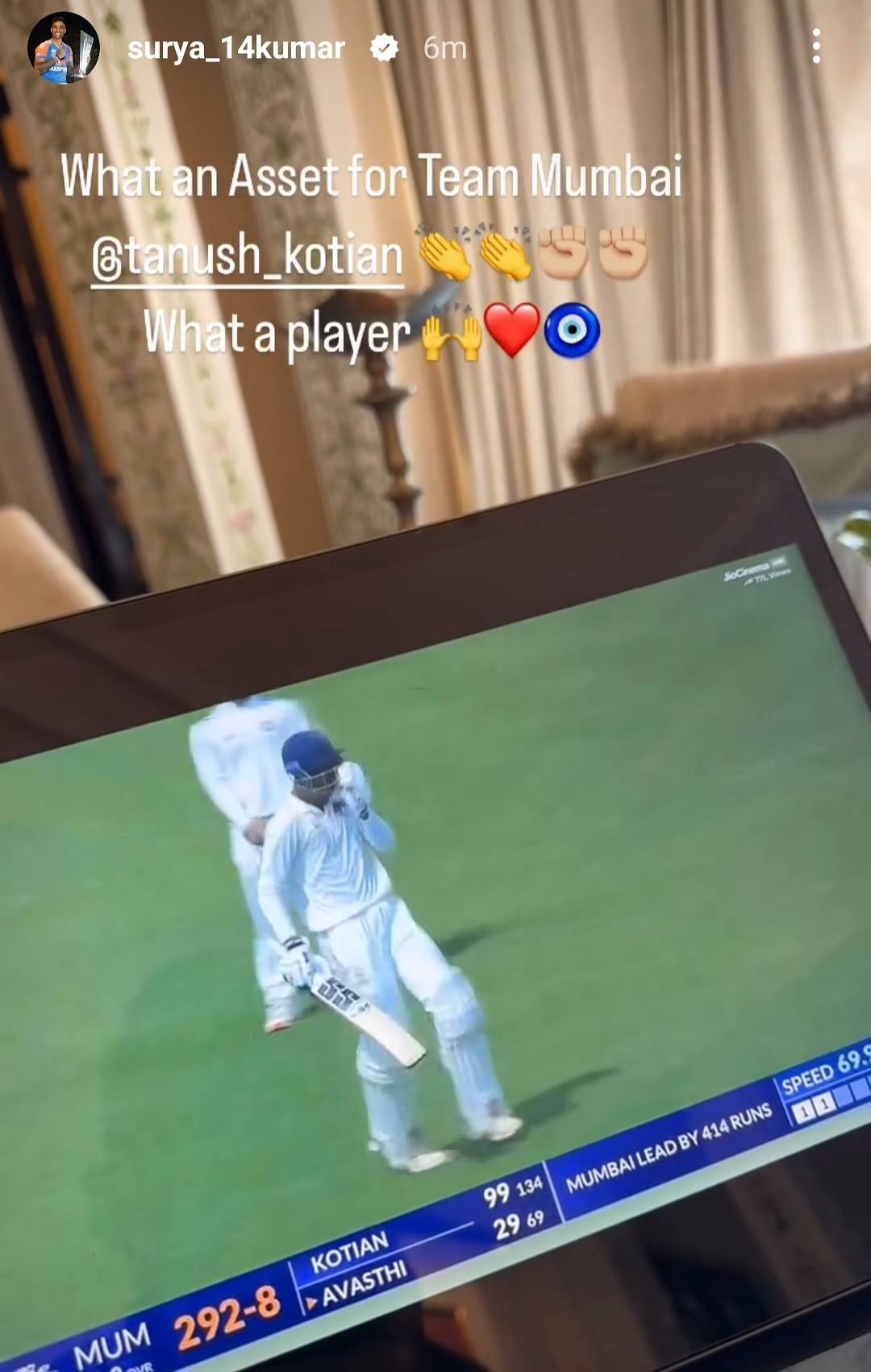 Suryakumar Yadav praises Tanush Kotian for his brilliant century. (Image via Instagram-@surya_14kumar)